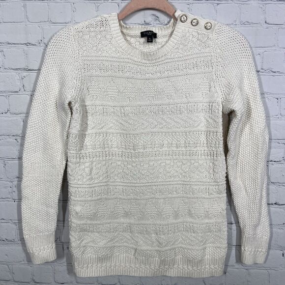 Talbots Knit Ivory Sweater Women Petite Small Button Ballon Sleeve Cable Knit - Picture 2 of 12